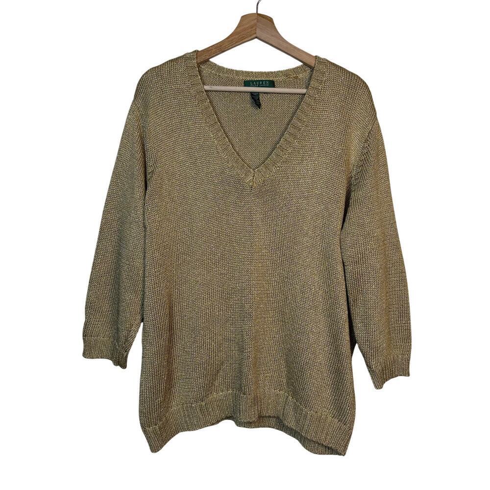 Lauren Ralph Lauren Gold Metallic Knit V Neck Pullover Sweater size 3X Rich Mom